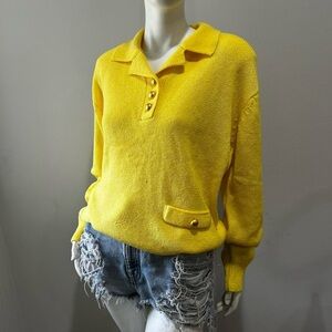 Vintage 80s Ann Wi Yellow Knit Polo Retro Collared Knit Top w/ Gold Buttons